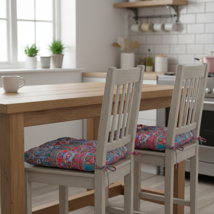 Set 2 buc perna decorativa pentru scaun, reversibila, multicolora, 40x40x7 cm, model floral abstract, utilizare in bucatarie, living, terasa sau balcon [3]