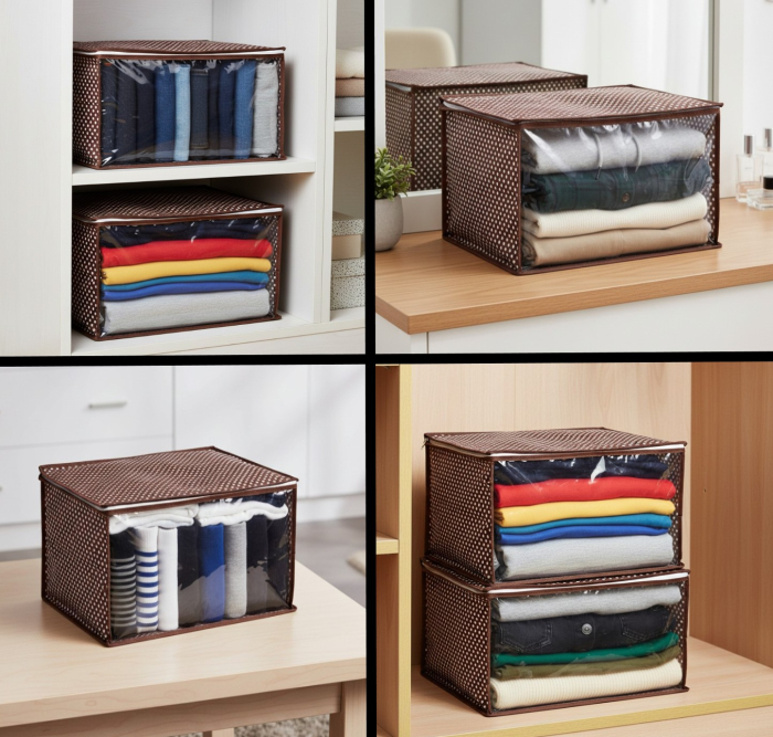 Set 2 huse mici, depozitare haine, inchidere cu fermoar, maro, 35x30x20 cm, fereastra transparenta [2]