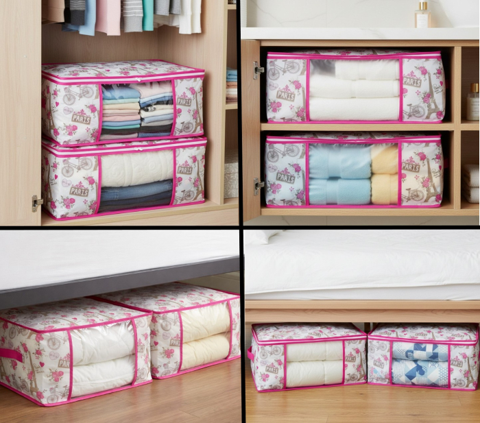 Set 2 huse depozitare imbracaminte, alb/roz, inchidere cu fermoar, 50x35x20 cm, fereastra transparenta [2]