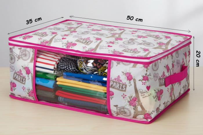 Set 2 huse depozitare imbracaminte, alb/roz, inchidere cu fermoar, 50x35x20 cm, fereastra transparenta [4]