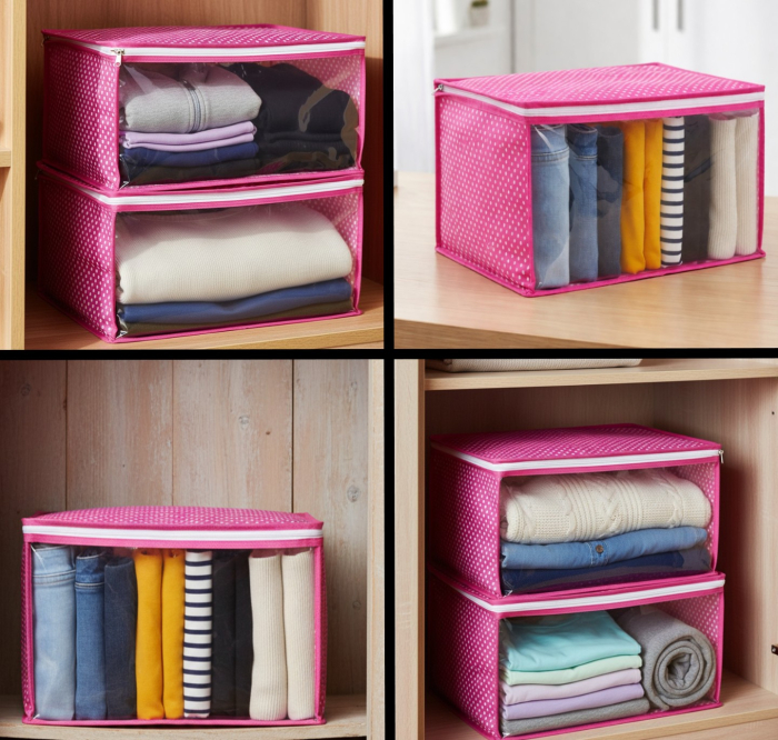 Set 2 huse mici, depozitare haine, inchidere cu fermoar, roz cu buline, 35x30x20 cm, fereastra transparenta [2]