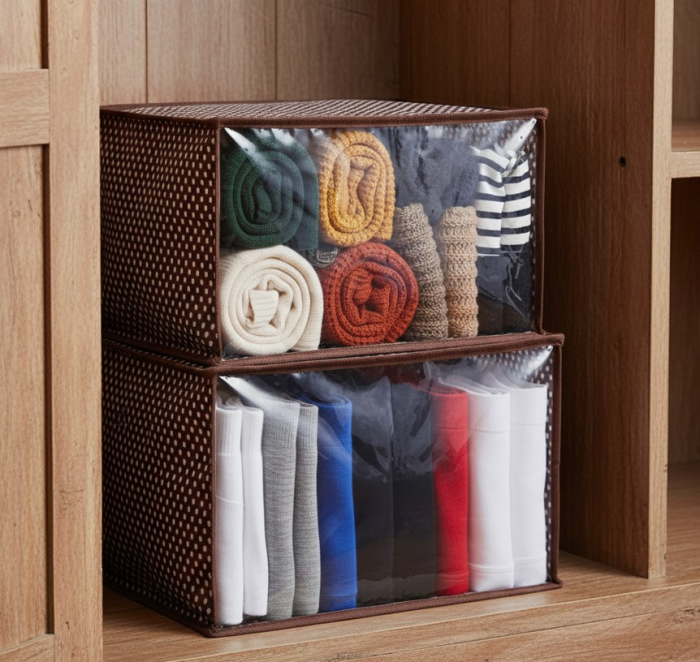 Set 2 huse mici, depozitare haine, inchidere cu fermoar, maro, 35x30x20 cm, fereastra transparenta [4]