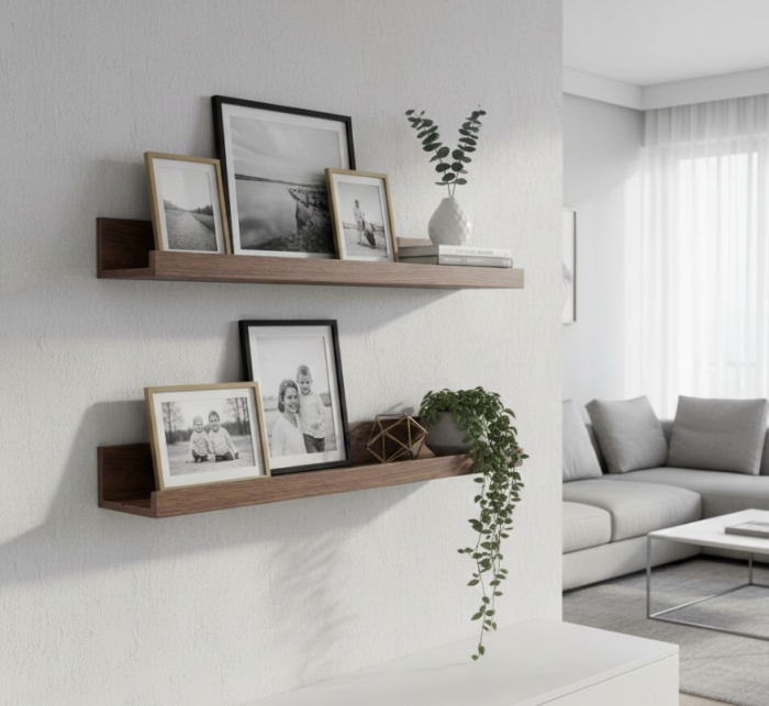 Set 2 polite perete din MDF, cu feronerie inclusa – montaj usor si organizare practica, aspect nuc, 55x12 cm [3]