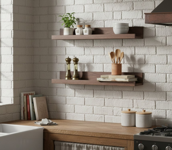 Set 2 polite perete din MDF, cu feronerie inclusa – montaj usor si organizare practica, aspect nuc, 55x12 cm [5]