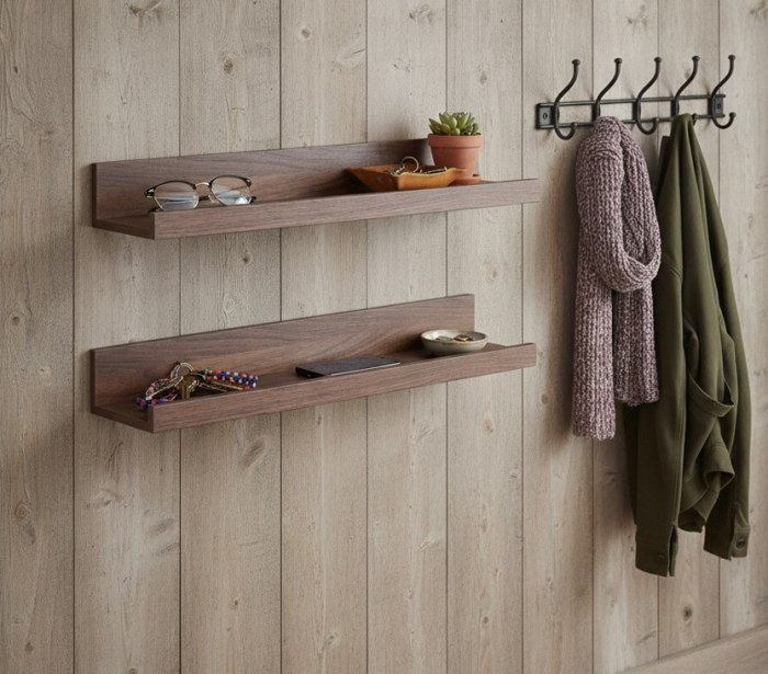 Set 2 polite perete din MDF, cu feronerie inclusa – montaj usor si organizare practica, aspect nuc, 55x12 cm [2]