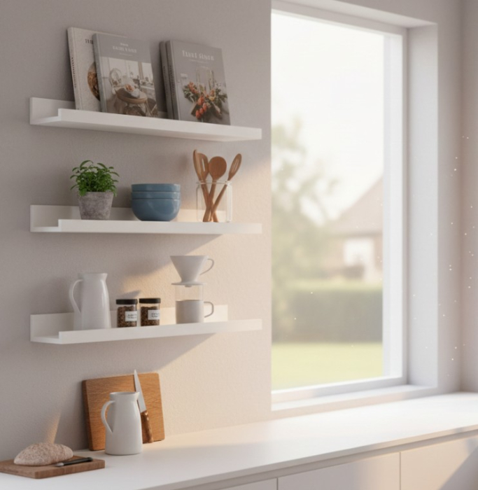 Set 2 polite perete din MDF, cu feronerie inclusa – montaj usor si organizare practica, alb, 55x12 cm [4]