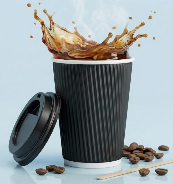 Set 25 buc pahar din carton, cu capac, 480 ml, model cu dungi striate si intaritura baza superioara, utilizare Horeca, pentru cafenele, terase, hoteluri sau evenimente [2]