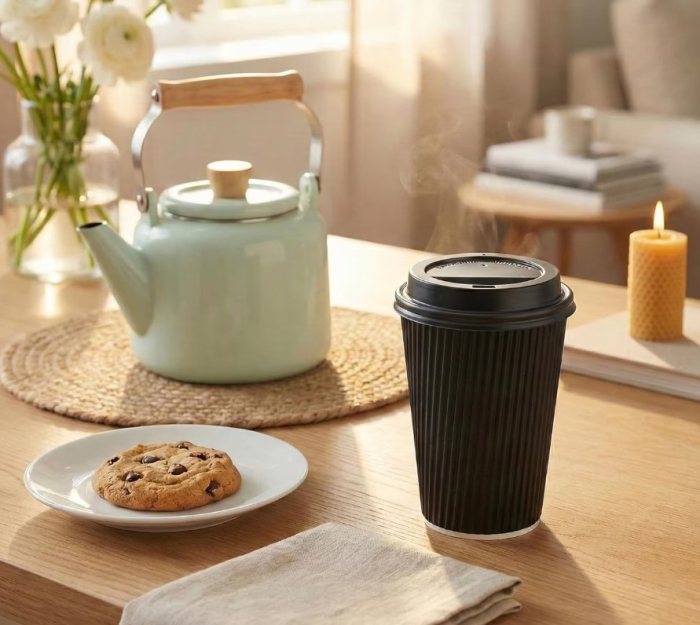 Set 25 buc pahar din carton, cu capac, 480 ml, model cu dungi striate si intaritura baza superioara, utilizare Horeca, pentru cafenele, terase, hoteluri sau evenimente [3]