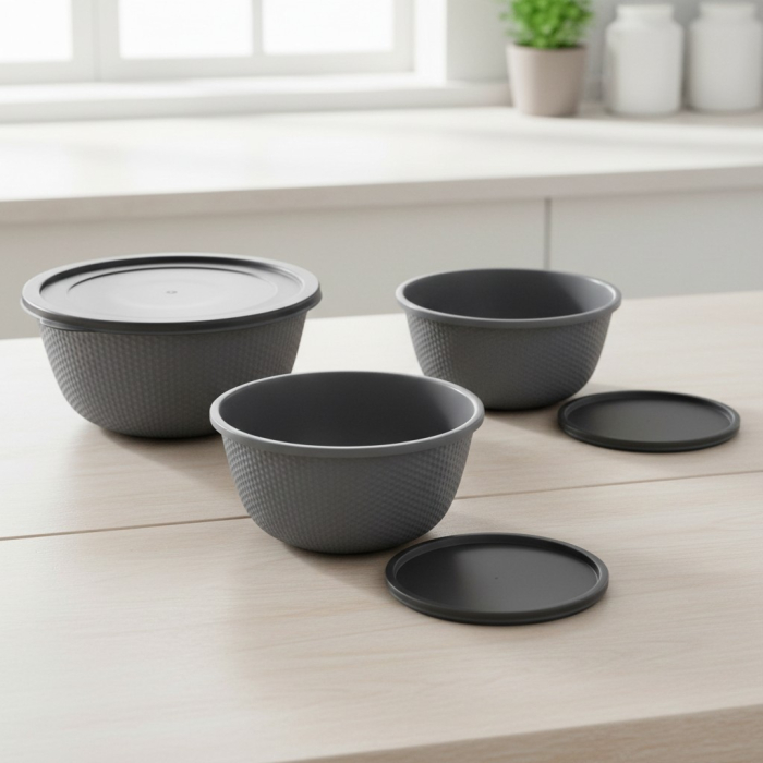 Set 3 boluri din plastic, gri, cu capac etans, 0.5 / 1 / 2 Litri, pentru depozitarea, transportul si servirea alimentelor [2]