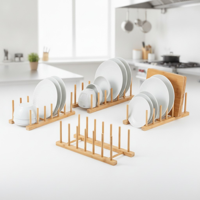 Set 4 buc organizator din bambus, pentru farfurii, capace sau tocatoare, 27x12x8 cm, cu 6 spatii pentru depozitare, utilizare Horeca, restaurante, cafenele, terase, fast-food-uri sau evenimente [2]