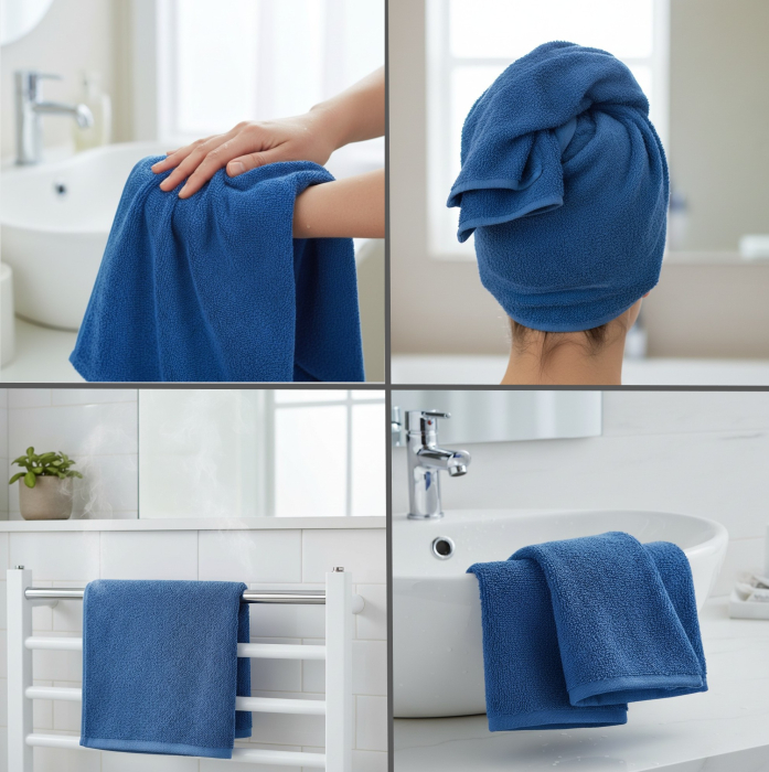 Set 4 buc prosop moale, bumbac 100%, marime medie, 70x50 cm, albastru, pentru fata, maini sau par [2]