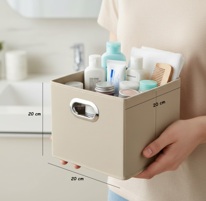 Set 4 cutii mici, cu manere, 20x20x20 cm, bej, utilizare universala [3]