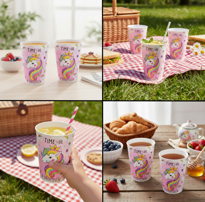 Set 4 pahare din plastic, reutilizabile, model unicorn, 400 ml [2]