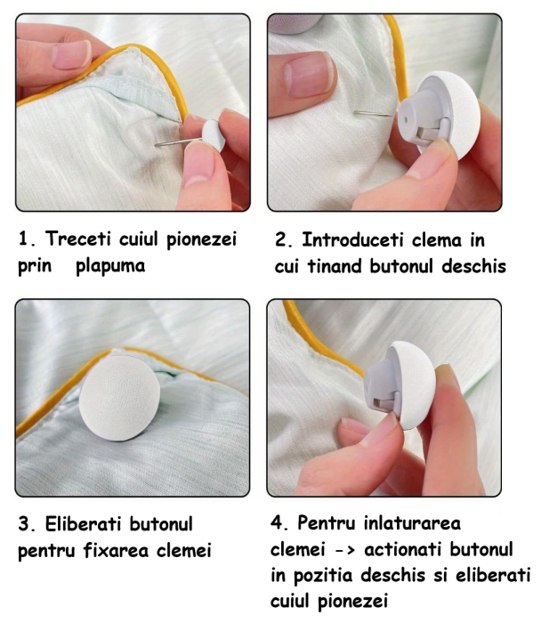 Set 6 buc clema tip pioneza, Ø2x3 cm pentru fixare plapuma, pilota, draperie, perdea, prosop; previne alunecarea articolelor de imbracaminte organizate pe umeras [2]