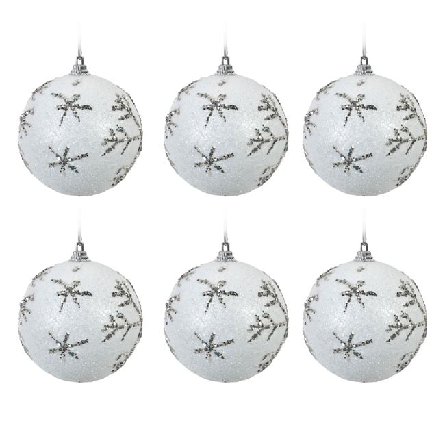 Set 6 globuri de Craciun, albe argintii, model cu fulgi de nea, 8 cm [1]
