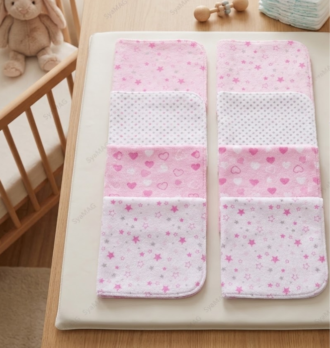 Set 8 buc prosop bebe, model cu stelute si inimioare, Roz/Alb, 25x25 cm, 80% Bumbac / 20% Poliester [2]