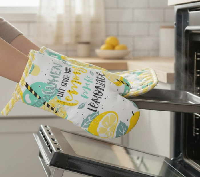 Set manusa si servet termic, pentru bucatarie, bumbac/poliester, model verde/galben [2]