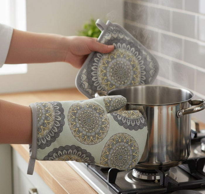 Set manusa si servet termic, pentru bucatarie, bumbac/poliester, gri, model mandala [2]