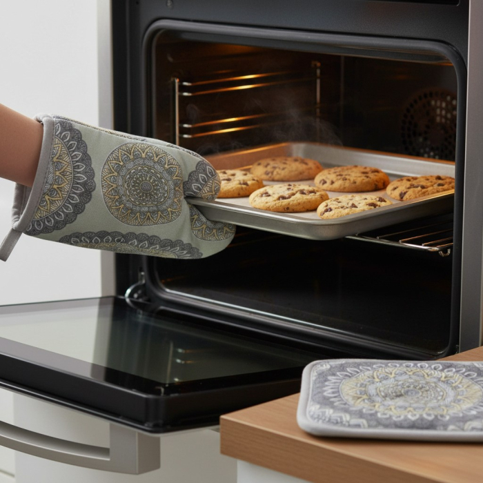 Set manusa si servet termic, pentru bucatarie, bumbac/poliester, gri, model mandala [3]