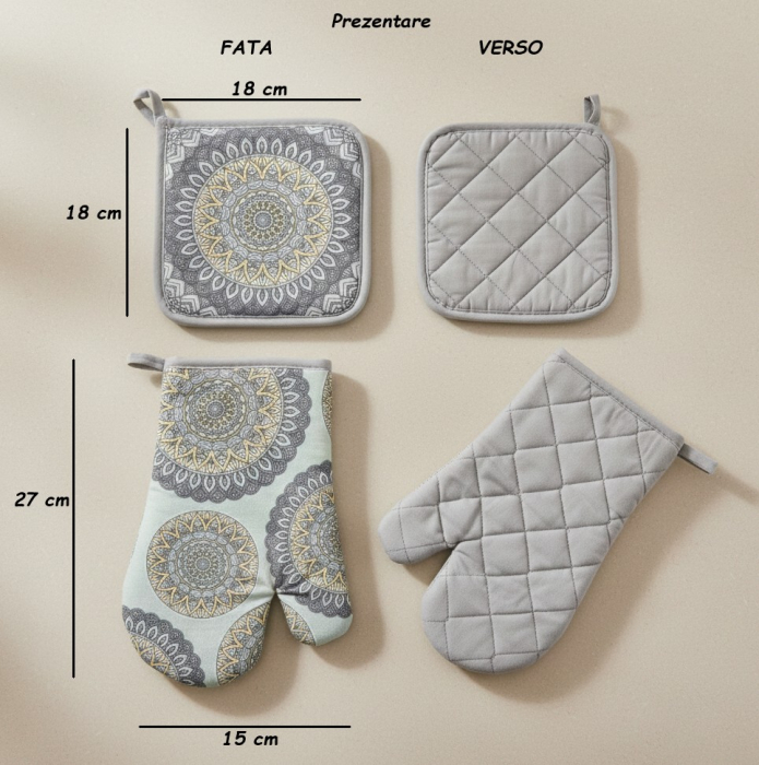 Set manusa si servet termic, pentru bucatarie, bumbac/poliester, gri, model mandala [4]