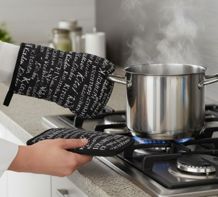 Set manusa si servet termic, pentru bucatarie, bumbac/poliester, model negru cu mesaj [3]