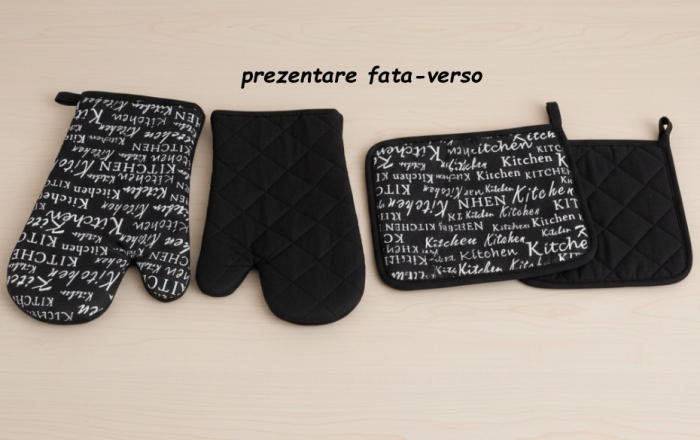 Set manusa si servet termic, pentru bucatarie, bumbac/poliester, model negru cu mesaj [5]