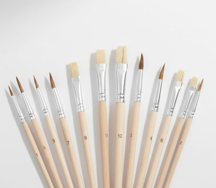 Set paleta ovala cu 12 pensule pentru pictura, din lemn, 7 cu varf rotund si 5 cu varf plat, dimensiune paleta 24x30 cm [2]