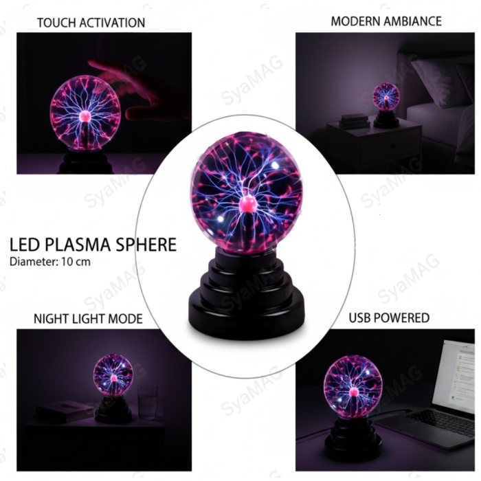 Sfera LED cu efect 3D electric, activare clasica prin buton on/off sau activare prin atingere, diametrul sferei 10 cm, inaltime 14 cm, functioneaza cu 4 baterii tip AAA sau cablu USB [2]