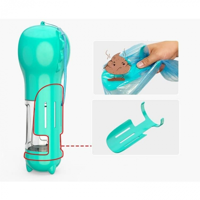 Sticla portabila 4 in 1, pentru caini, cu 3 compartimente + lopatica, 300ml, apa, hrana, pungi igienice, 26.7 x 9.7 x 9.4 cm, turcoaz [10]
