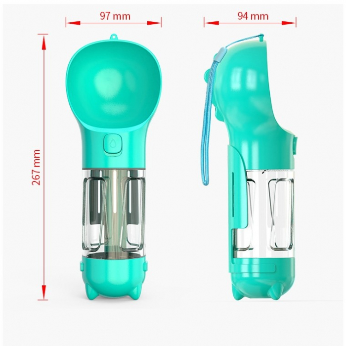 Sticla portabila 4 in 1, pentru caini, cu 3 compartimente + lopatica, 300ml, apa, hrana, pungi igienice, 26.7 x 9.7 x 9.4 cm, turcoaz [8]