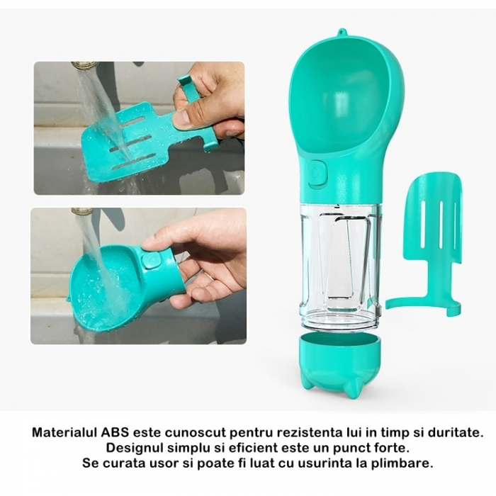 Sticla portabila 4 in 1, pentru caini, cu 3 compartimente + lopatica, 300ml, apa, hrana, pungi igienice, 26.7 x 9.7 x 9.4 cm, turcoaz [3]