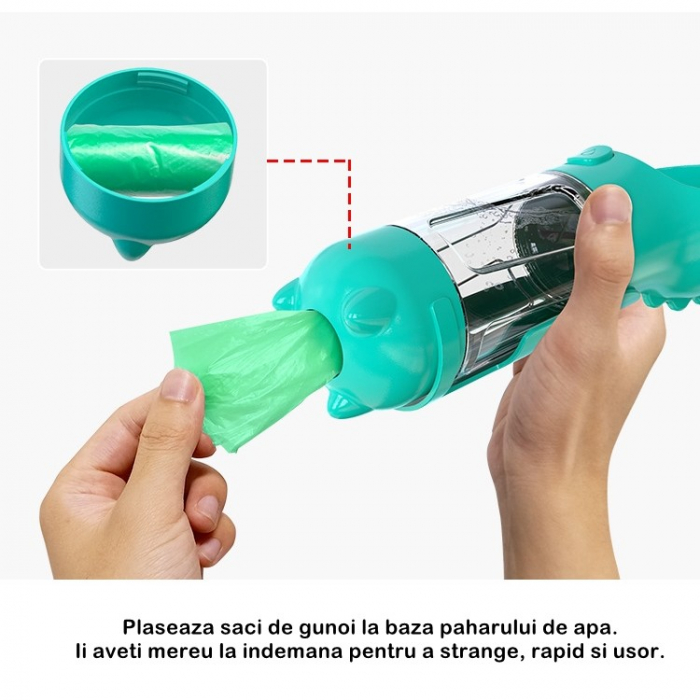 Sticla portabila 4 in 1, pentru caini, cu 3 compartimente + lopatica, 300ml, apa, hrana, pungi igienice, 26.7 x 9.7 x 9.4 cm, turcoaz [4]