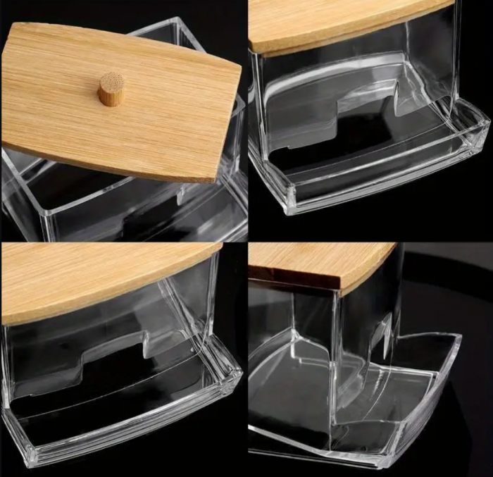 Suport acrilic pentru betisoare igienice,  capac din bambus, 9x7x7 cm [3]
