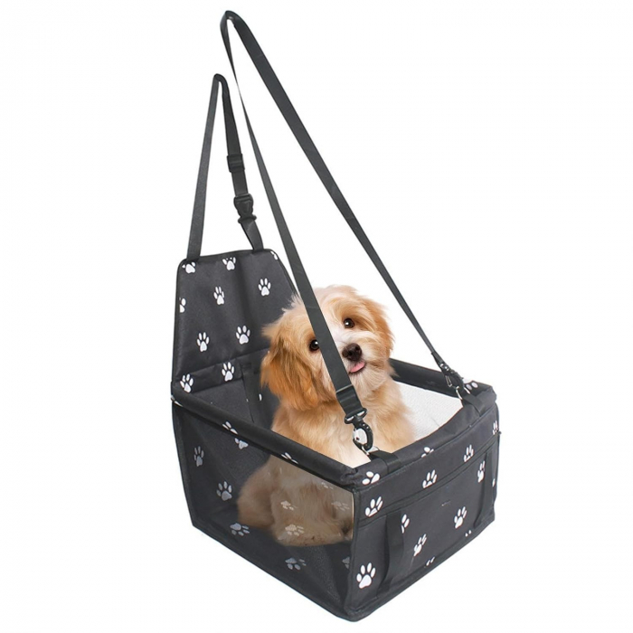 Suport auto pentru animalele cu prindere de scaun si centura de siguranta, negru cu Imprimeu, 40x32x42cm [2]