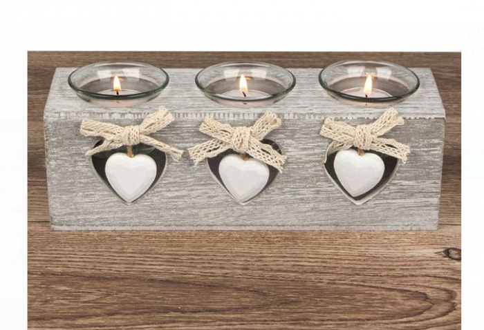 Suport decorativ din lemn cu 3 lumanari tip pastila incluse, 24x7x8 cm [2]