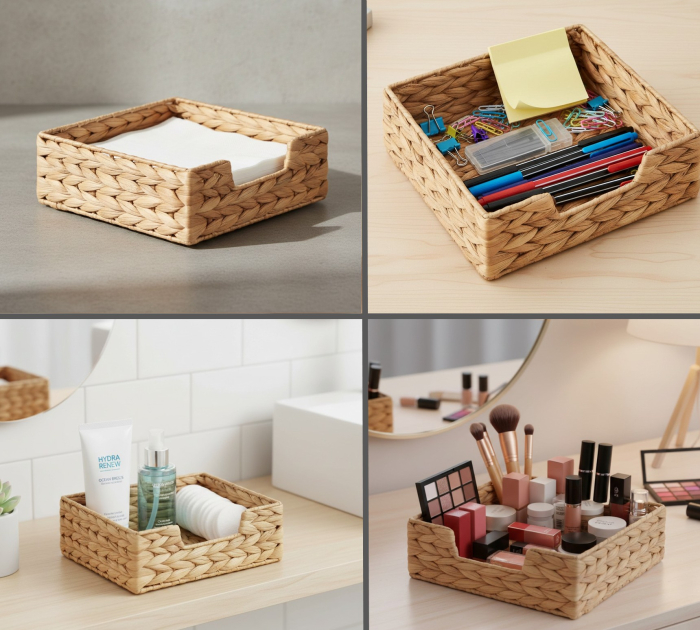 Suport decorativ impletit, fibre lemn, cadru metalic, 18x18x7 cm, pentru servetele, organizare bucatarie, baie, birou, hol sau camera de zi [2]