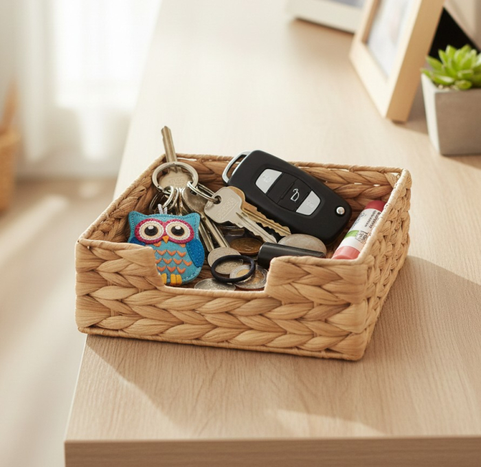 Suport decorativ impletit, fibre lemn, cadru metalic, 18x18x7 cm, pentru servetele, organizare bucatarie, baie, birou, hol sau camera de zi [3]