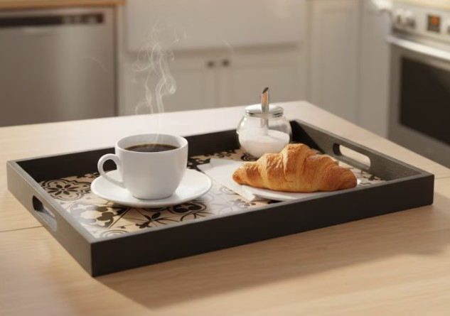 Tava de servire din lemn, cu manere, imprimeu negru, 41x28x3 cm [2]