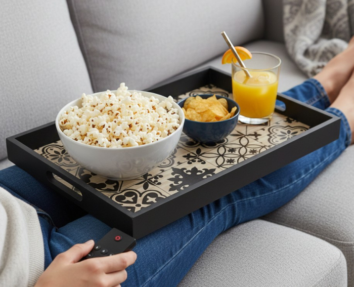 Tava de servire din lemn, cu manere, imprimeu negru, 41x28x3 cm [3]