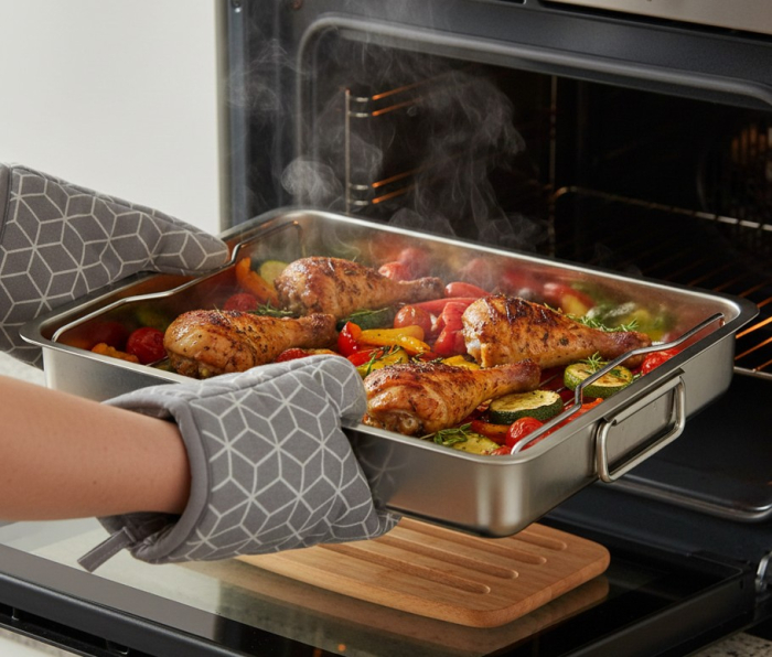 Tava din inox cu gratar, pentru cuptor – gatire uniforma, mai sanatos, mai curat,  40x32x7 cm [3]