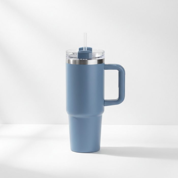 Termos modern, tip pahar cu pai, otel inoxidabil, albastru, 900 ml, Ø9x24 cm, cu maner lat, pastreaza bauturile calde pana la 6 ore si reci pana la 12 ore, capac etans cu filet [4]