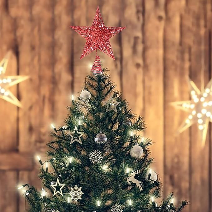 Varf de brad 3D, Stea perforata, sclipici rosu, 33cm [2]