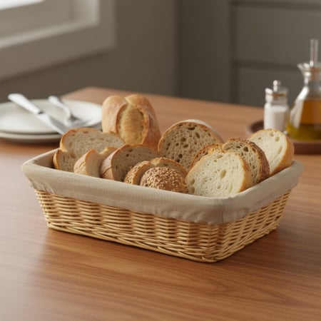 Toate produsele - Cos rectangular din rachita, prevazut cu husa din bumbac, 35x24x10 cm, pentru paine, fursecuri sau biscuiti, uz casnic si profesional HoReCa, restaurante, cafenele, hoteluri