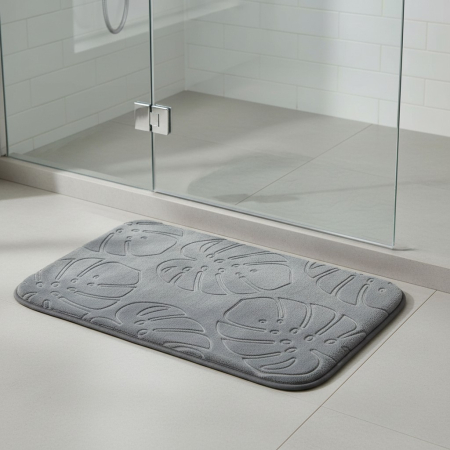 Home & Deco - Covoras de baie, moale si confortabil, model cu frunze in relief, 60x40 cm, gri, poliester, antiderapant