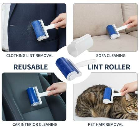 Rola scame, reutilizabila, silicon aderent, cu capac si maner ergonomic, curatare haine si textile [1]