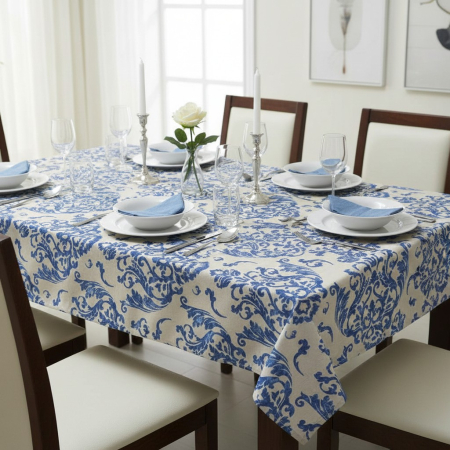 Home & Deco - Fata de masa, material textil, bumbac/poliester, 180x140 cm, bej albastru, stil baroc