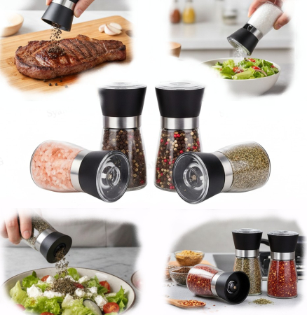 Home & Deco - Set 4 buc rasnita din sticla, cu capac, lama ceramica, pentru sare, piper, chili sau alte condimente, utilizare Horeca, restaurante, terase, fast-food-uri sau evenimente