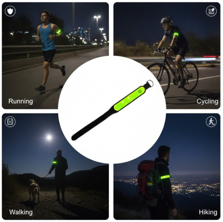 Accesorii biciclete - Banda reflectorizanta, prindere cu velcro, verde , 43x4 cm, pentru ciclism, alergare, drumetii