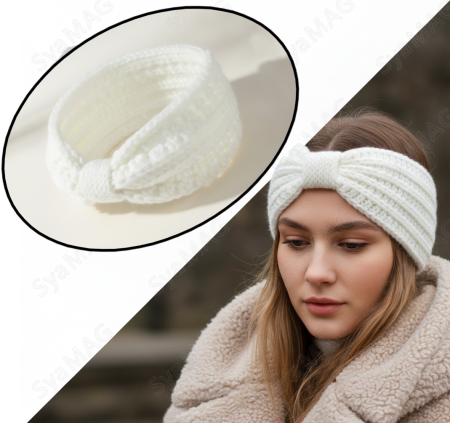 Toate produsele - Bentita de par, cu impletitura groasa, elastica, cu nod, latime 11 cm, alba, sezon toamna - iarna