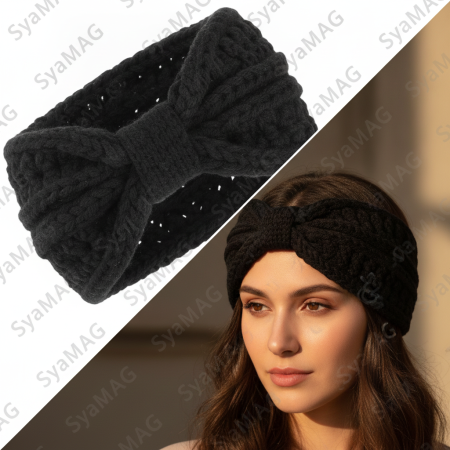 Toate produsele - Bentita de par, cu impletitura groasa, elastica, cu nod, latime 11 cm, neagra, sezon toamna - iarna